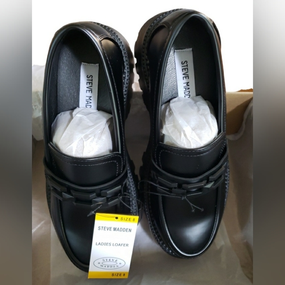 NIB - Steve Madden Womens Platform Loafer Shoes Slip On Faux-leather Black - Picture 2 of 9